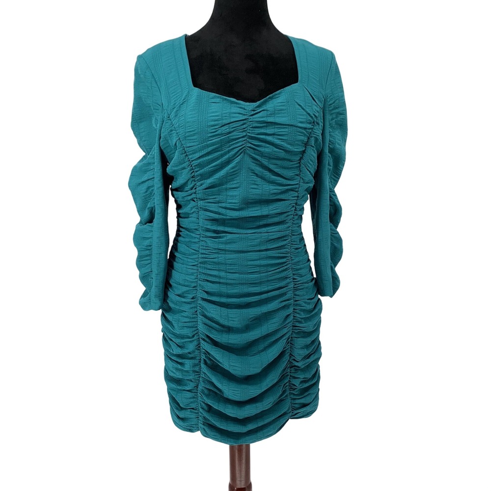 Endless Rose Teal Green Ruched Mini Dress Long Sleeve Square Neck Cocktail